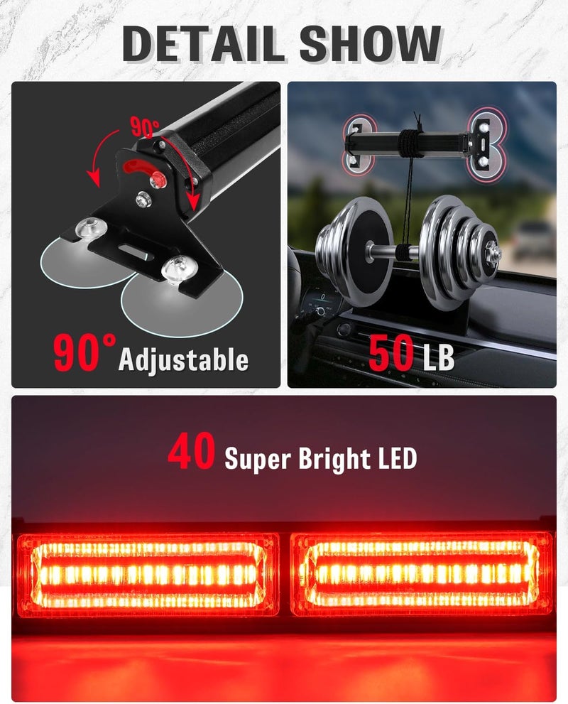 HLauto 1002L Emergency Strobe Traffic Advisor Light Bar: 40 LED Dash Safety Warning Flashing Light, Front/Rear Windshield Visor for Construction Vehicle, Tow/Plow Truck (2x10.7inch, Red) - Image 5